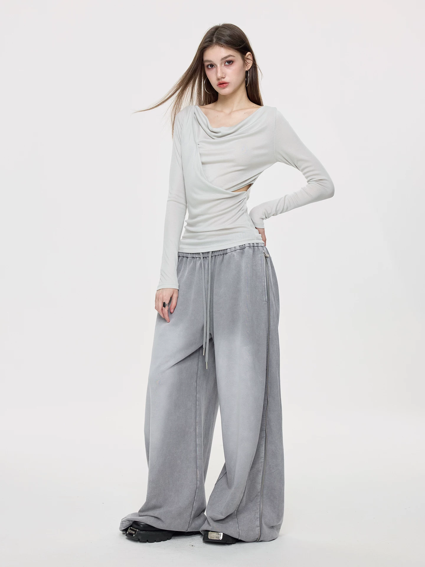 Nova Street Washed Grey Wide Leg Sweatpants