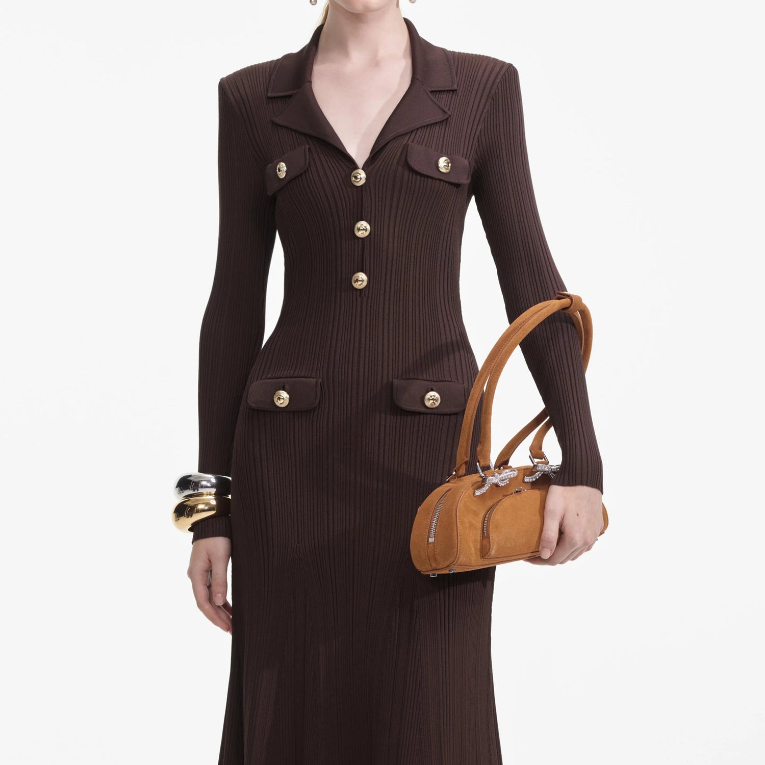 Self-Portrait BROWN VISCOSE RIB KNIT MIDI DRESS