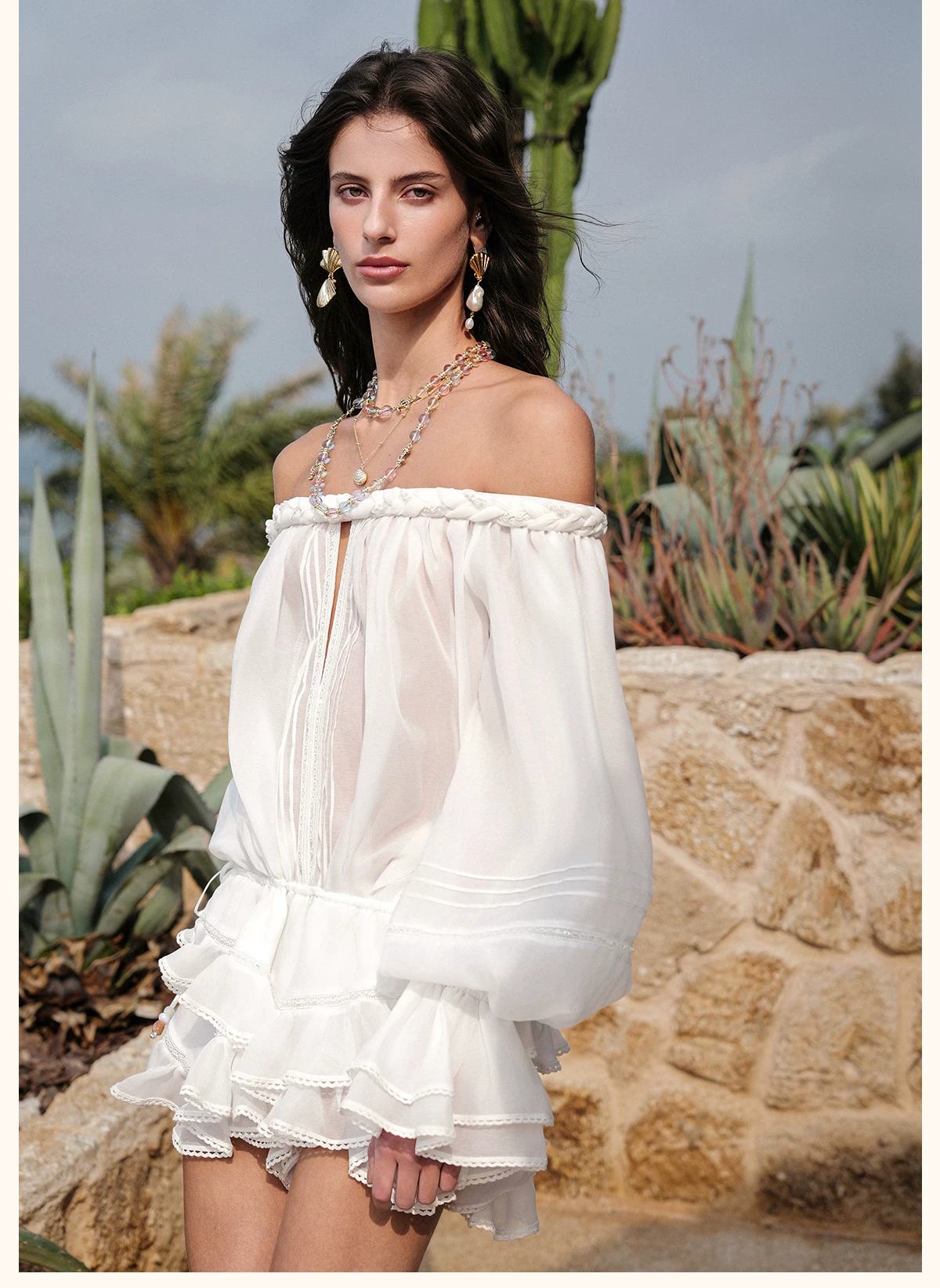 SHEERLUCK SLLYQ26409 Venier Layered Chiffon Off-Shoulder Dress