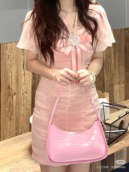 First Date SALE Pink bow puffy sleeve dress-IN STOCK