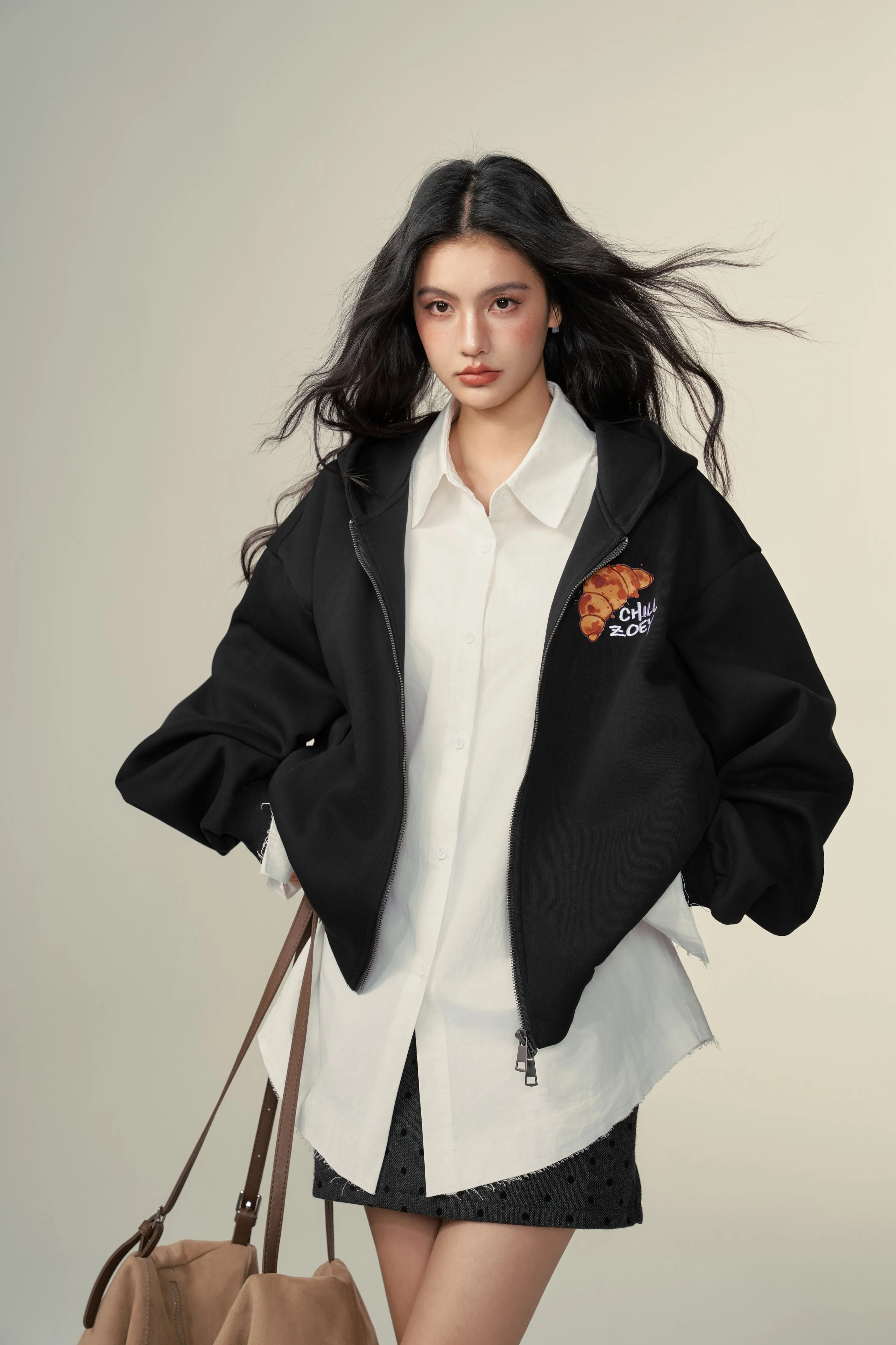 Chill Zoey Croissant mock-layered hoodie jacket