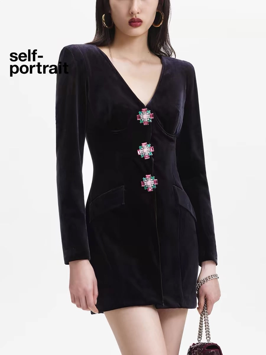 Self-Portrait BLACK VELVET V-NECK MINI DRESS