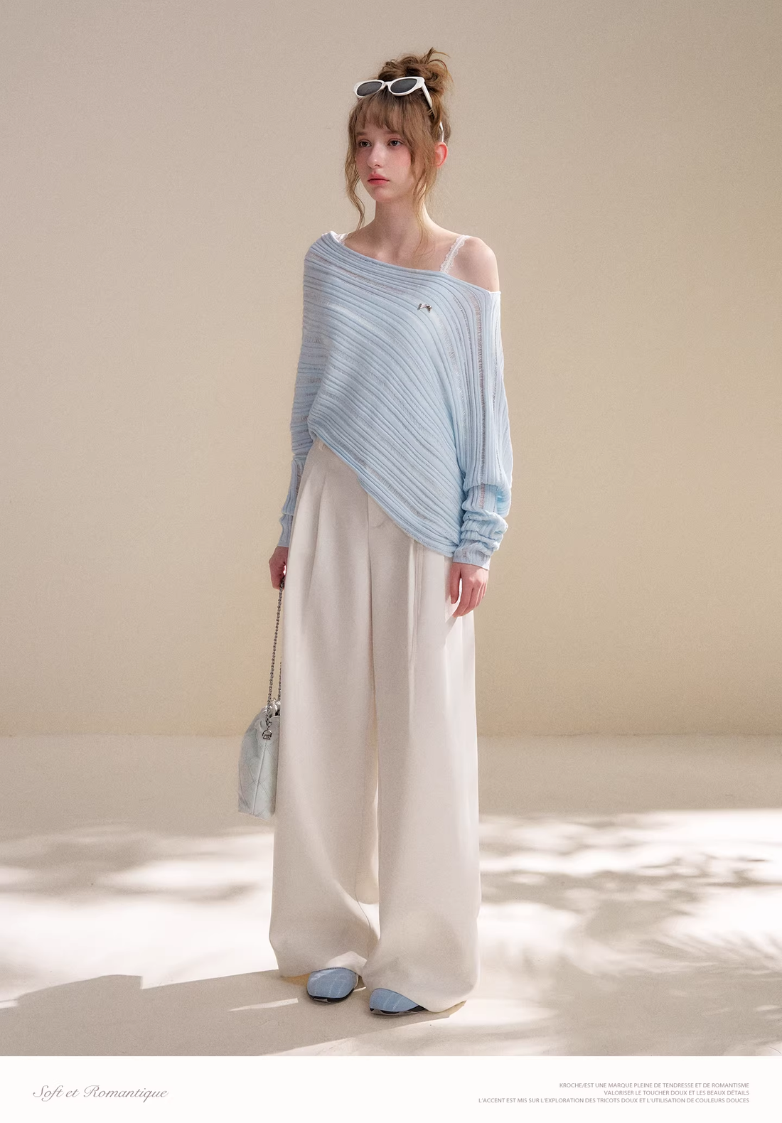 Kroche KP9080 Cutout Batwing Sleeve Knit Top &amp;Pearl Pants