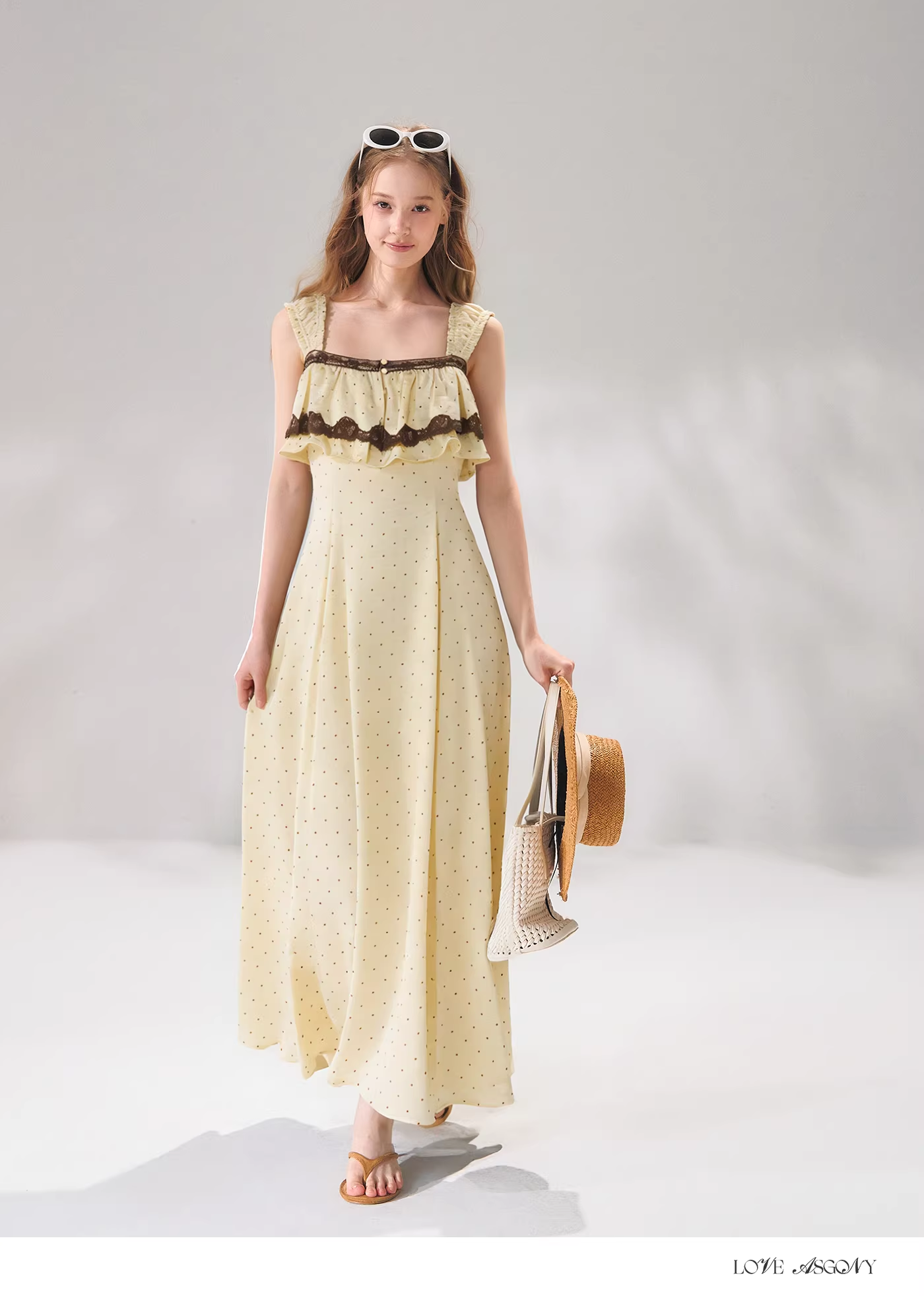 AsGony ASG26056 French lace patchwork camisole polka dot dress