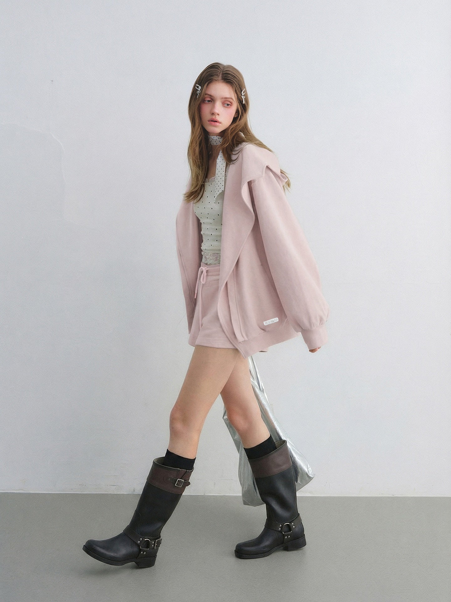 AsGony ASG25665&amp;ASG25667 Big collar hooded zipper sweatshirt jacket + sweatpants set