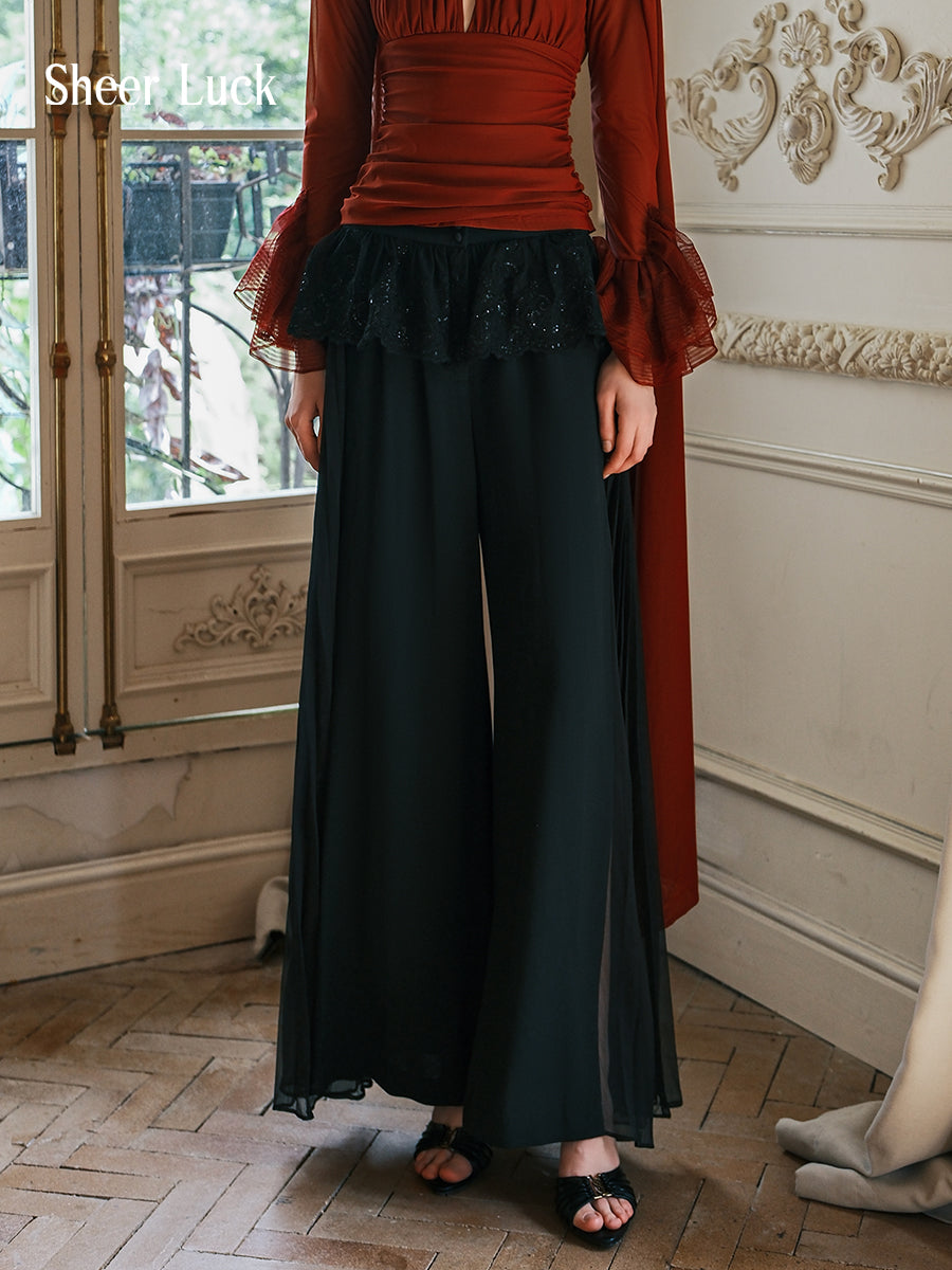 SHEERLUCK SLKZ25301 Lace pleated patchwork loose pants