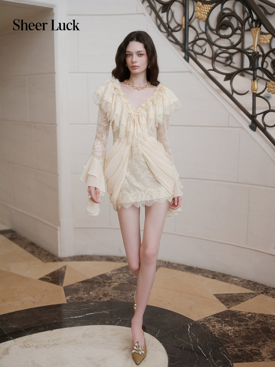 SHEERLUCK SLLYQ26713 Petali V-Neck Lace Dress-Creamy Apricot
