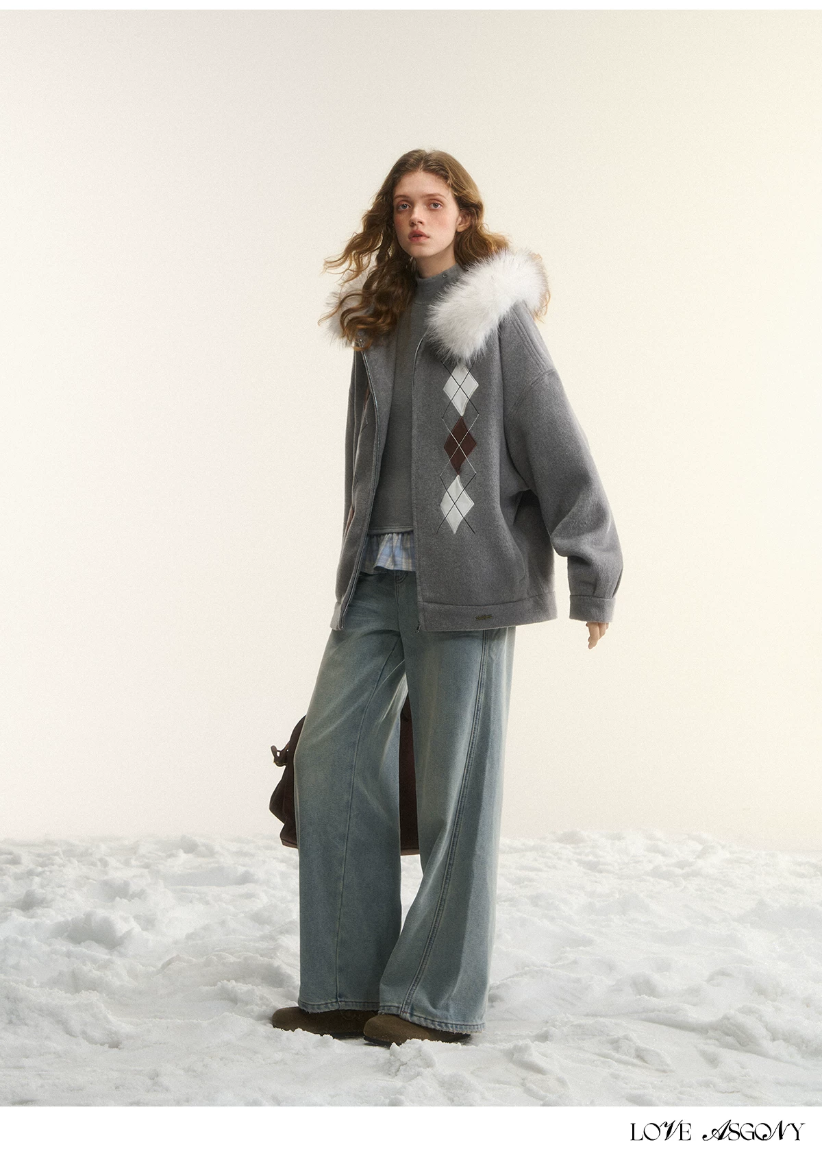 AsGony ASG25555 Diamond-quilted Hooded Cardigan with Furry Collar