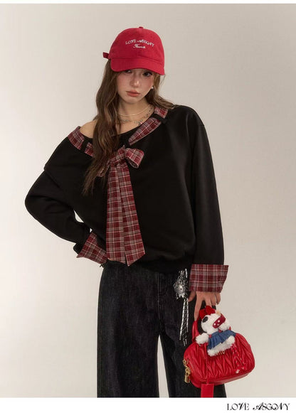 AsGony ASG24658 Splicing plaid bow hoodie