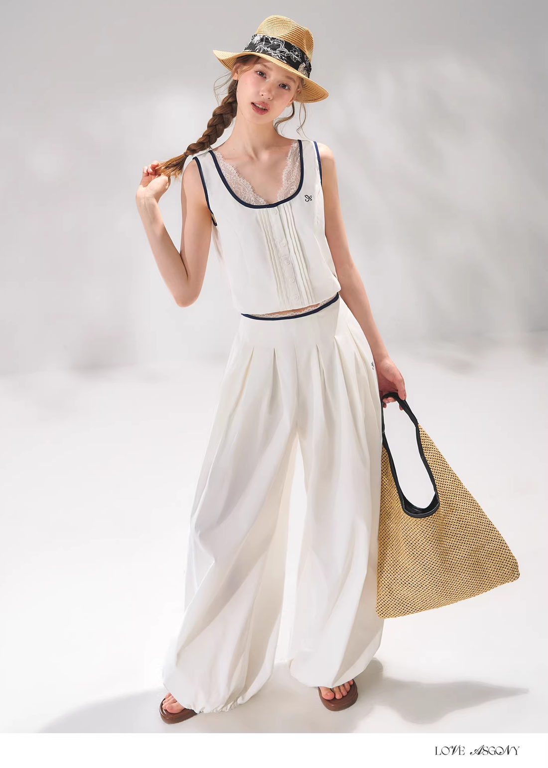 AsGony ASG26059&amp;ASG26060 Lace patchwork collision edge vest + pants