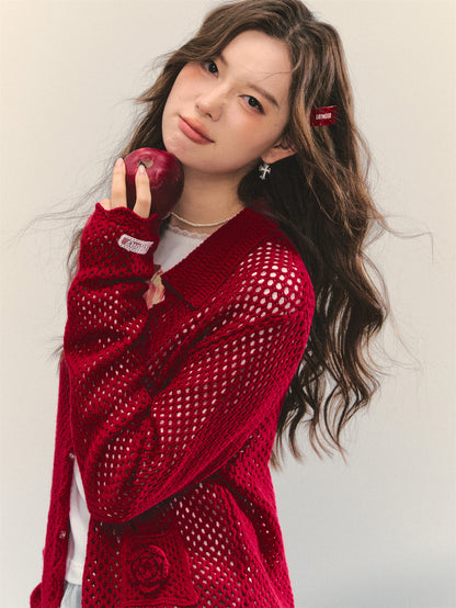 AsGony ASG25322 Hollow flower crochet cardigan