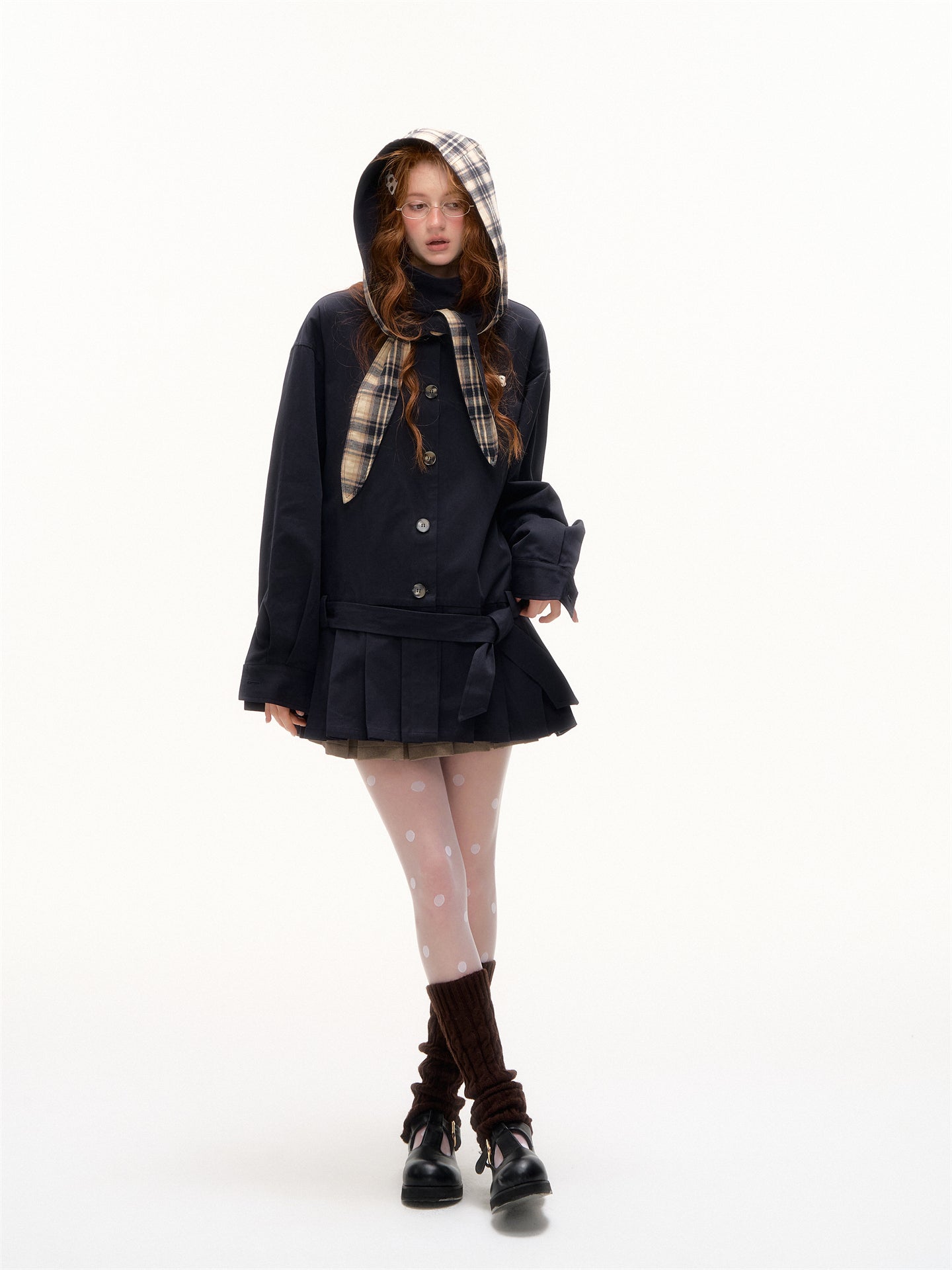 AsGony ASG25418 Detachable rabbit ear hat pleated windbreaker