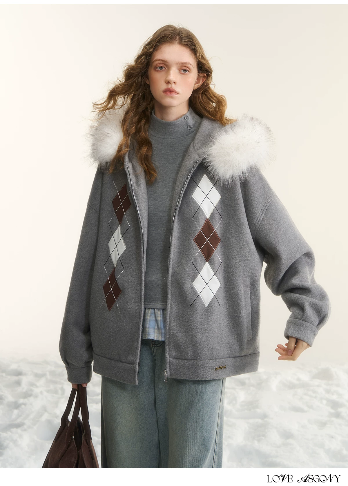 AsGony ASG25555 Diamond-quilted Hooded Cardigan with Furry Collar