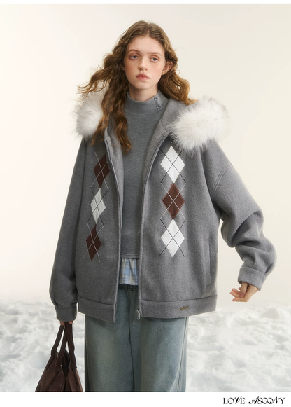 AsGony ASG25555 Diamond-quilted Hooded Cardigan with Furry Collar