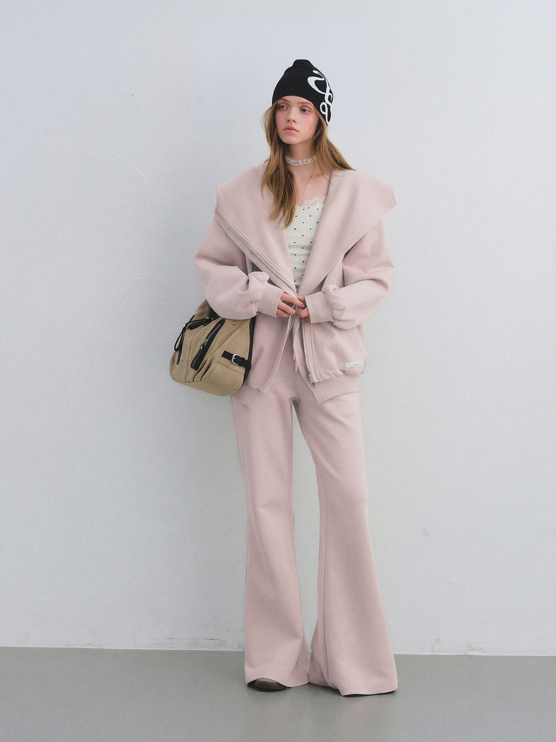 AsGony ASG25665&amp;ASG25667 Big collar hooded zipper sweatshirt jacket + sweatpants set