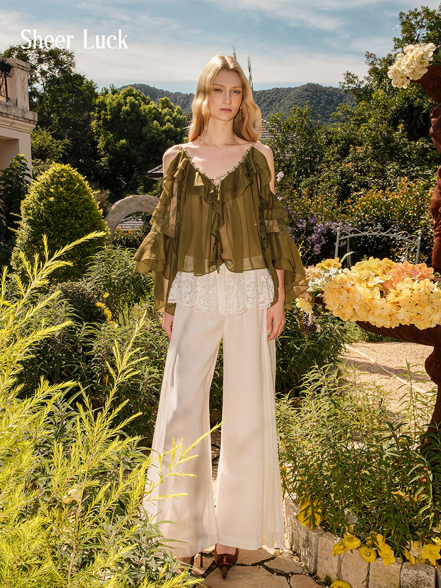 SHEERLUCK SLCY25301 Chiffon ruffled V-neck top