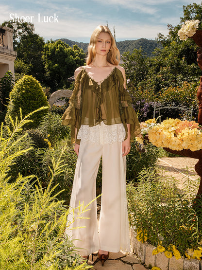 SHEERLUCK SLCY25301 Chiffon ruffled V-neck top