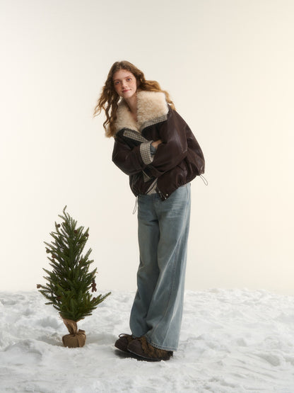 AsGony ASG252690 Grid splicing suede collar short leather down jacket