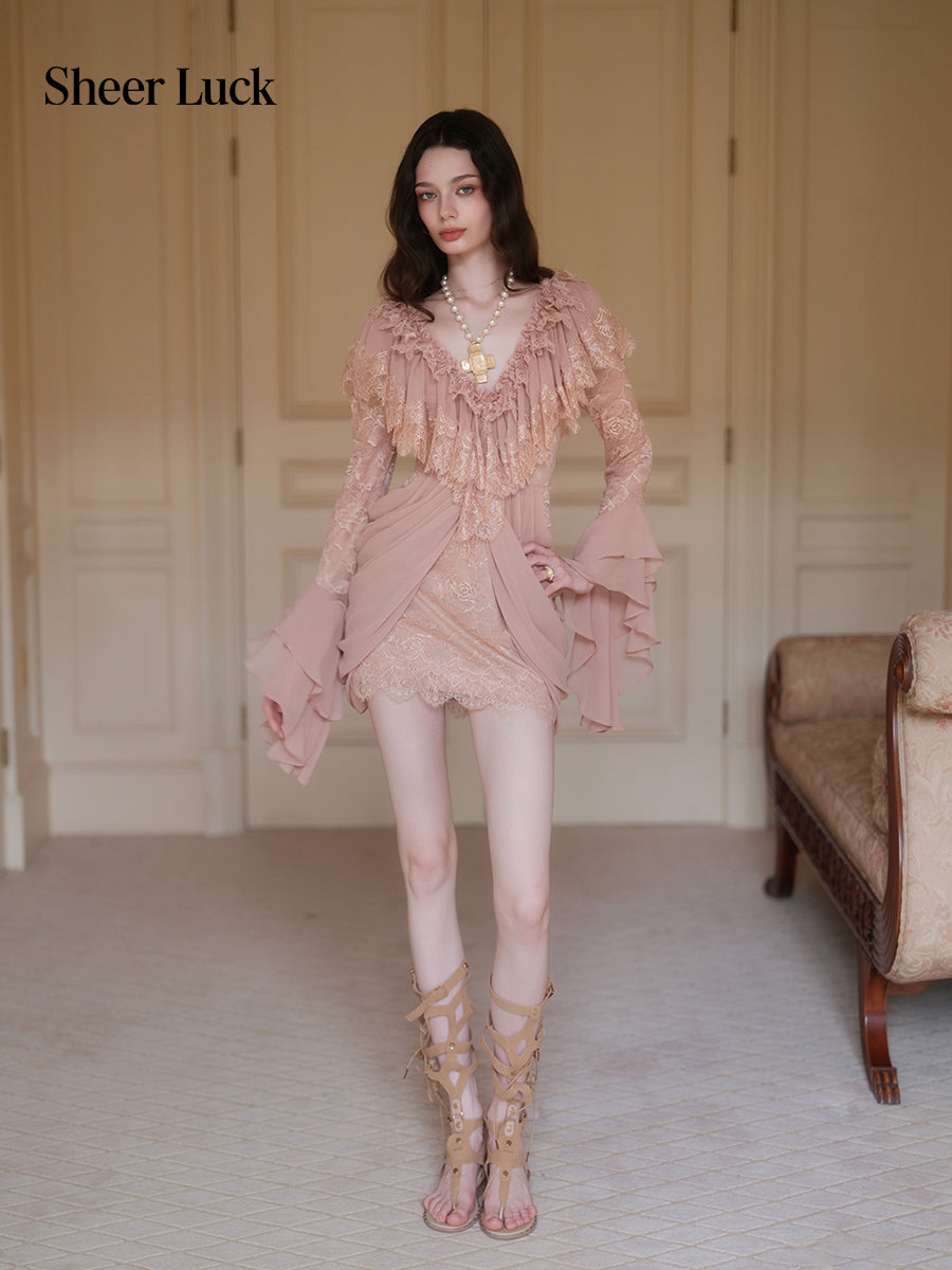 SHEERLUCK SLLYQ26713 Petali V-Neck Lace Dress-Cafe Latte
