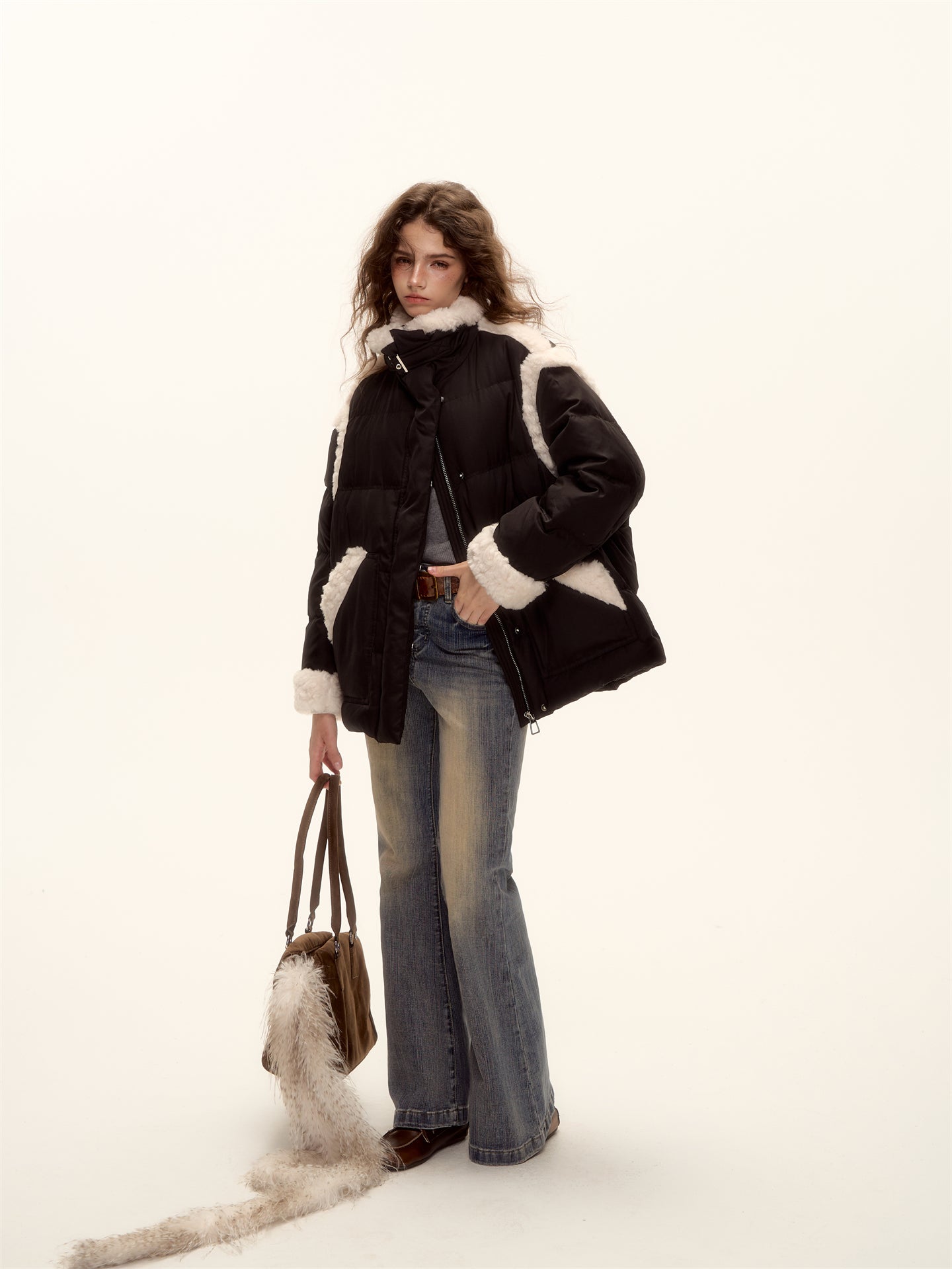 AsGony ASG25508 Lamb wool splicing loose windproof down jacket