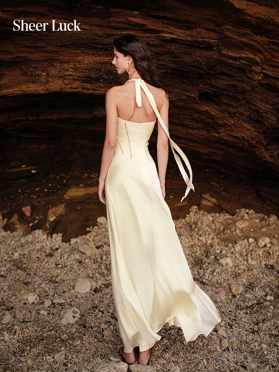 SHEERLUCK SLLYQ26411 Pleated V-neck hollow printed maxi dress