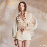 ELPIS Lace Floral Puff Sleeve Blouse-White