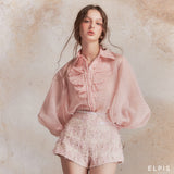 ELPIS Lace Floral Puff Sleeve Blouse-Pink