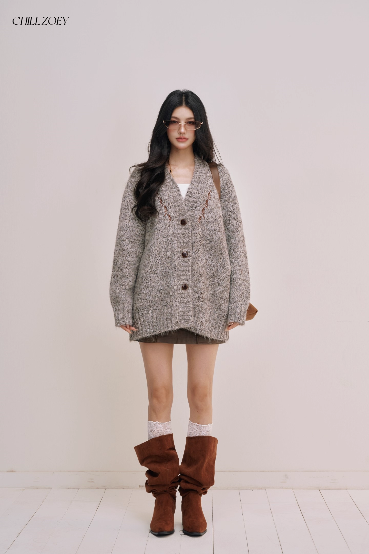 Chill Zoey M690309 Oversized Light Gray Marled Cardigan