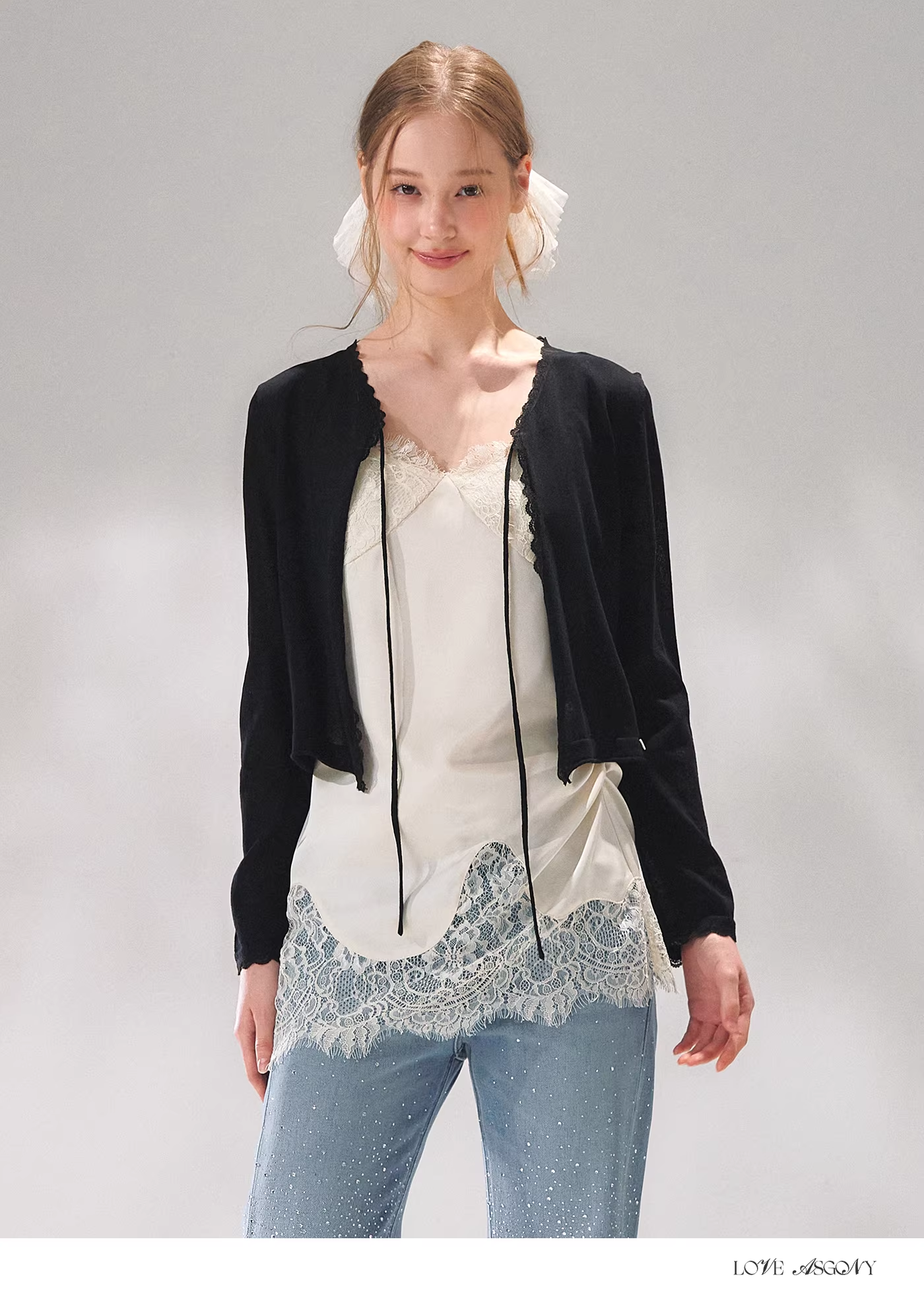 AsGony ASG26085 Knitted lace patchwork tie cardigan