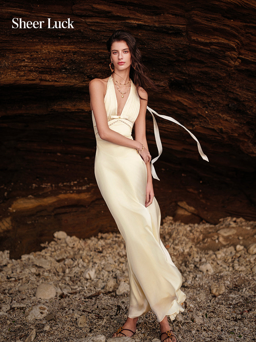 SHEERLUCK SLLYQ26411 Pleated V-neck hollow printed maxi dress