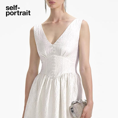 Self-Portrait WHITE TAFFETA V-NECK MIDI DRESS