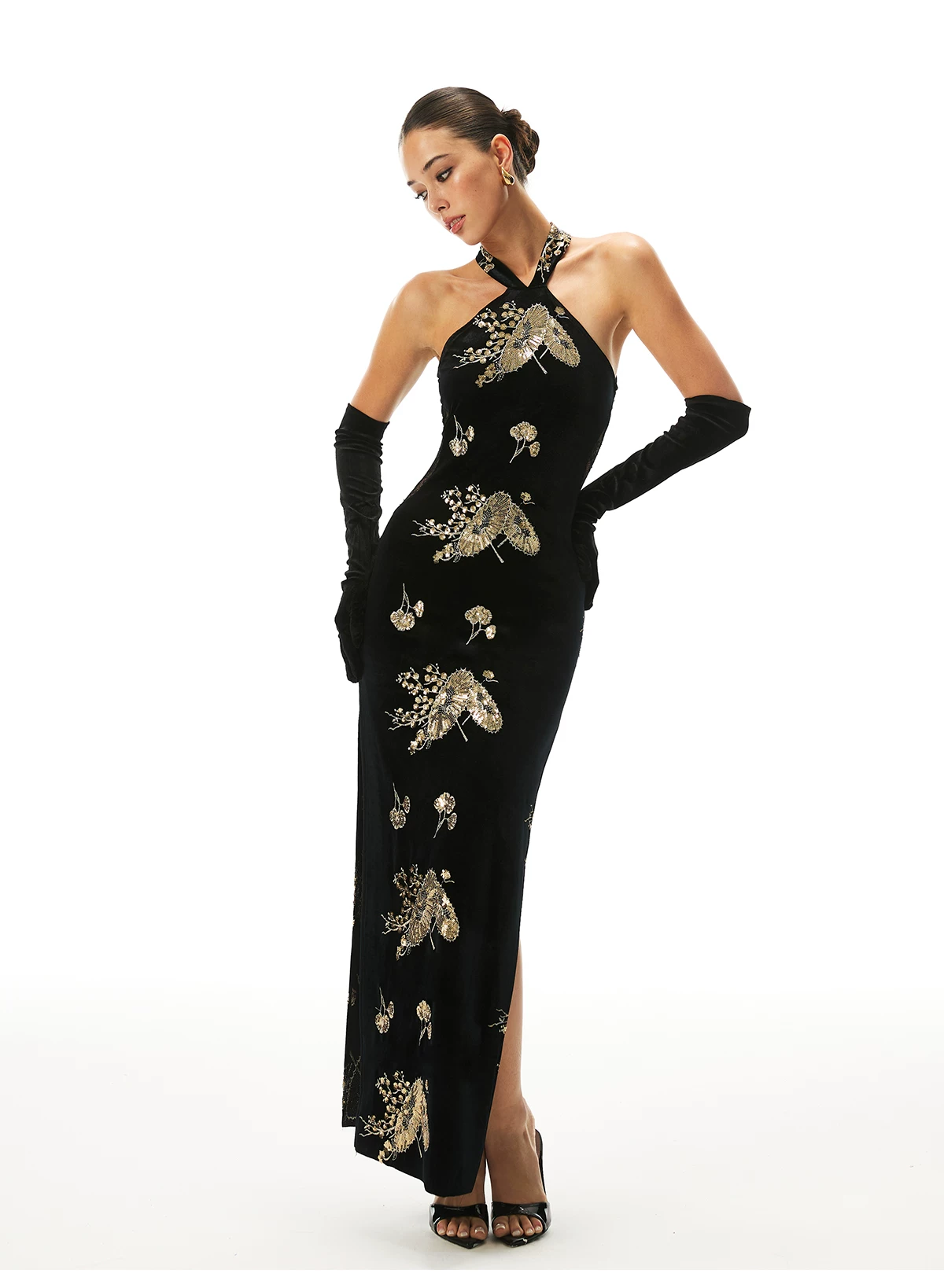 FIND YA WINGS Velvet Halter Beaded Cheongsam