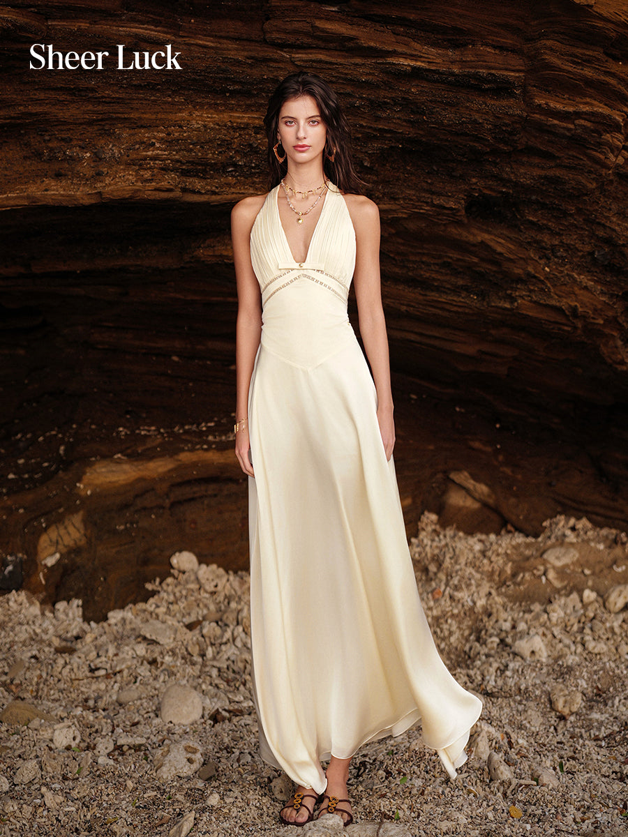 SHEERLUCK SLLYQ26411 Pleated V-neck hollow printed maxi dress