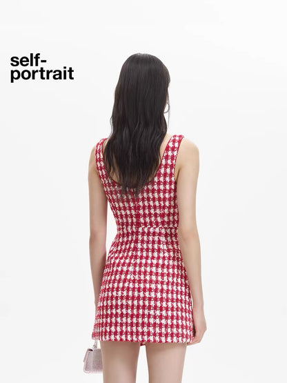 Self-Portrait Grid Boucle Mini Dress