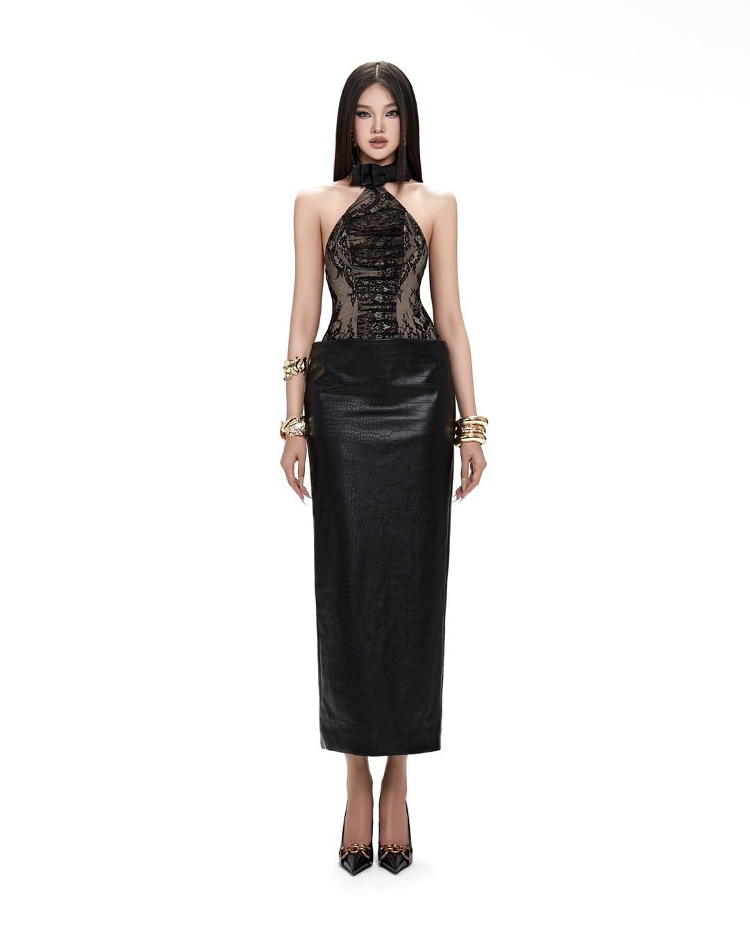 MAEL FEMME Halter Black Lace Midi Dress