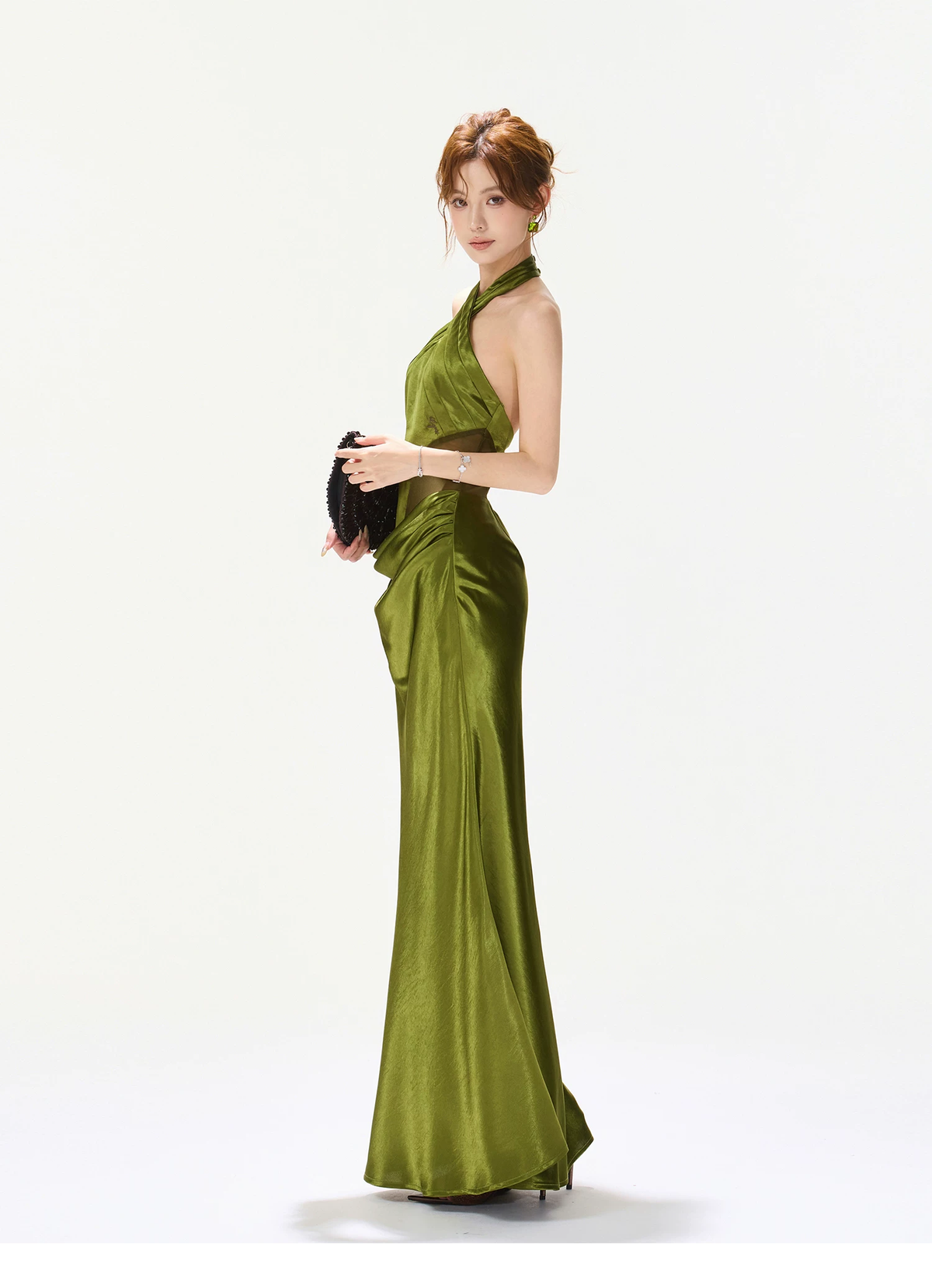 CYNR Satin Mesh Halter Fishtail Maxi Dress Slim Fit