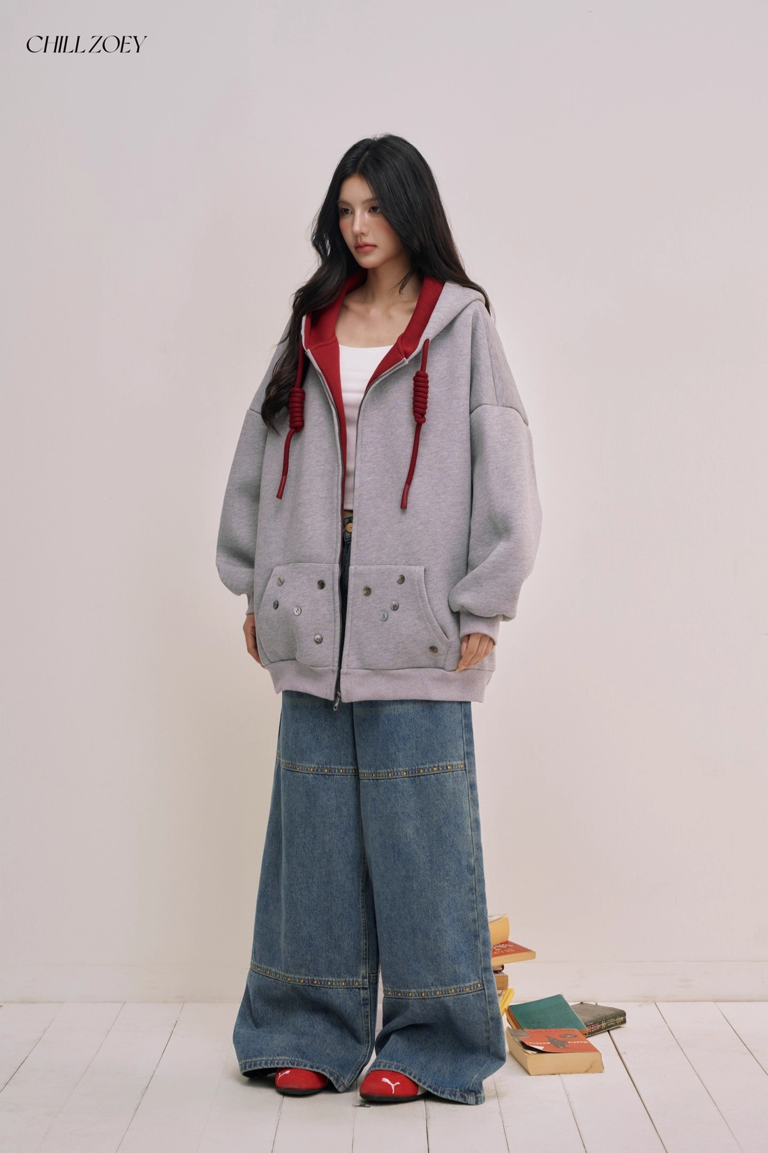 Chill Zoey M690292 Oversized Color-Block Hoodie in Red and Gray