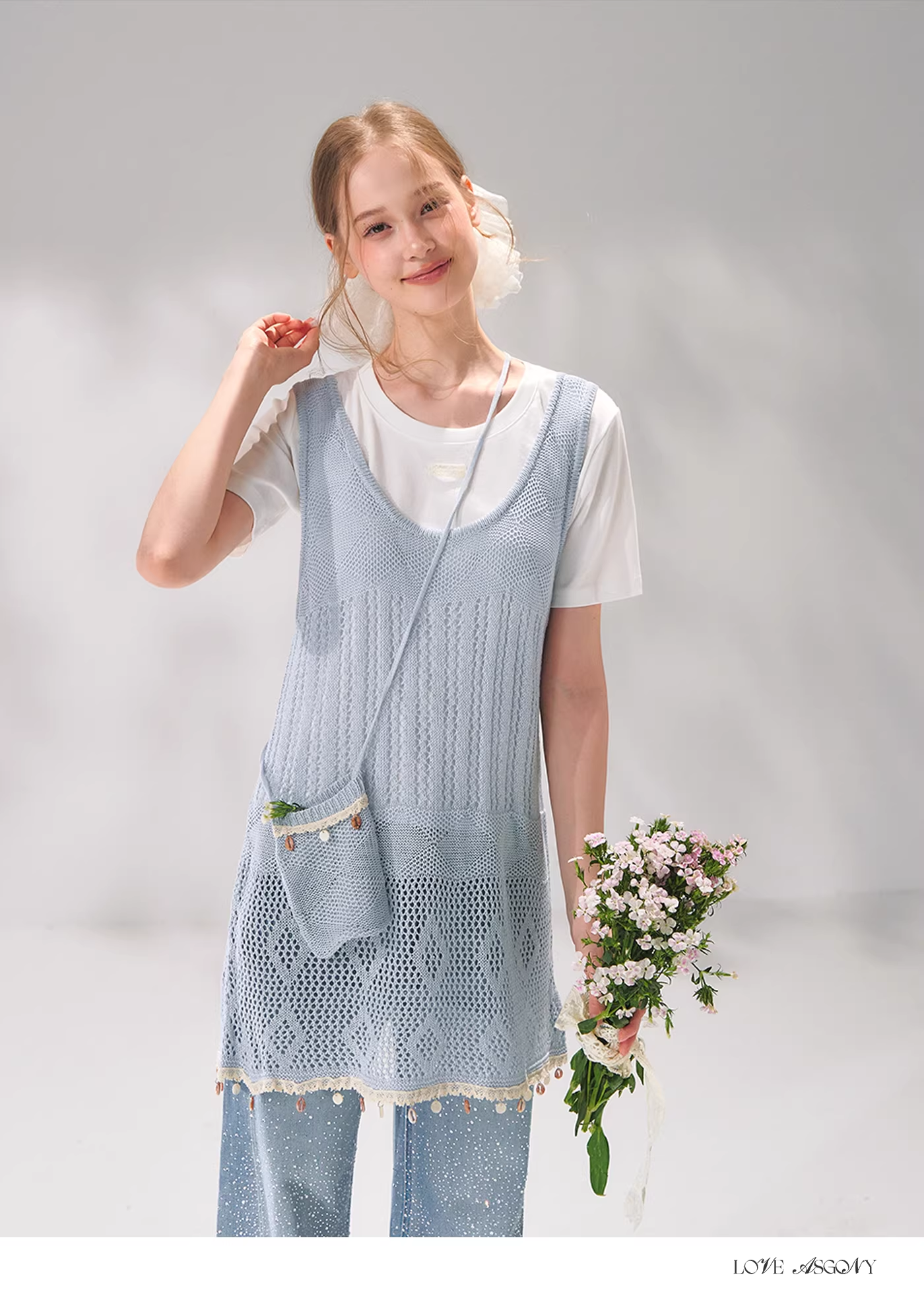AsGony ASG26071 Shell woven ribbon hollow jacquard knitted three piece set