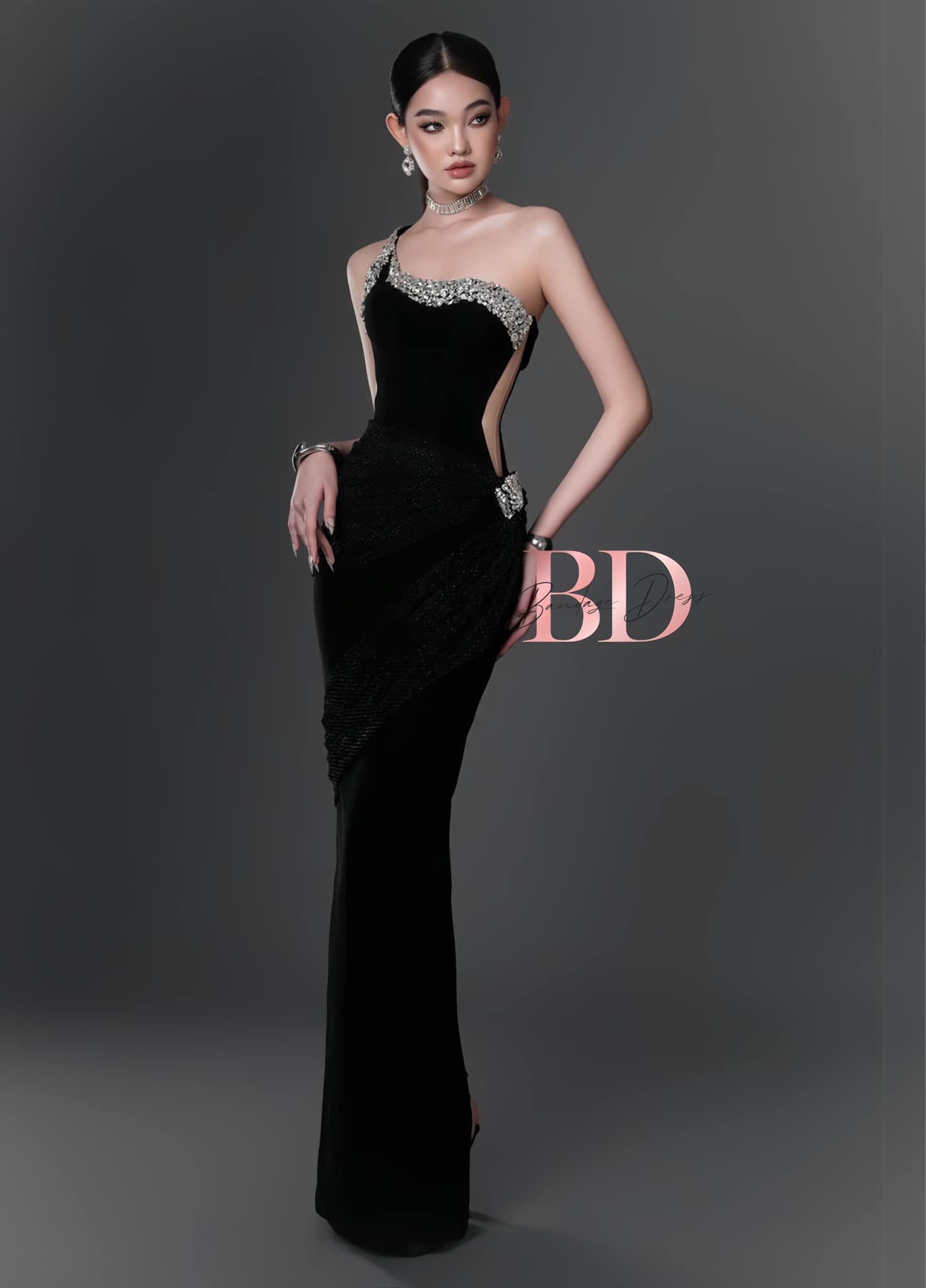 Bandage Dress [Best Seller] Black One-shoulder Diamonds Dress