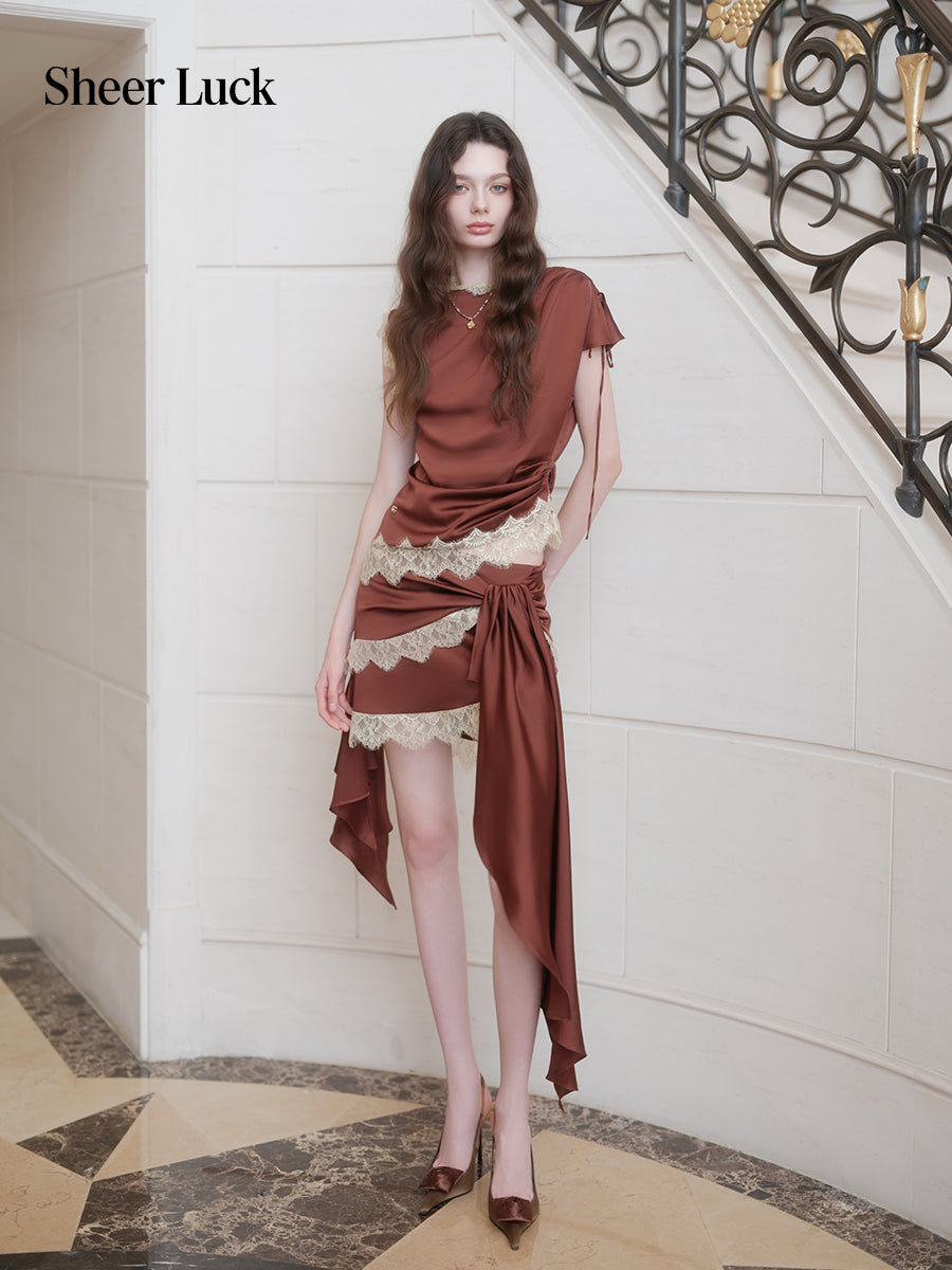 SHEERLUCK SLTZ26722 Serenada Lace Satin Two Piece Set-Mocha Brown