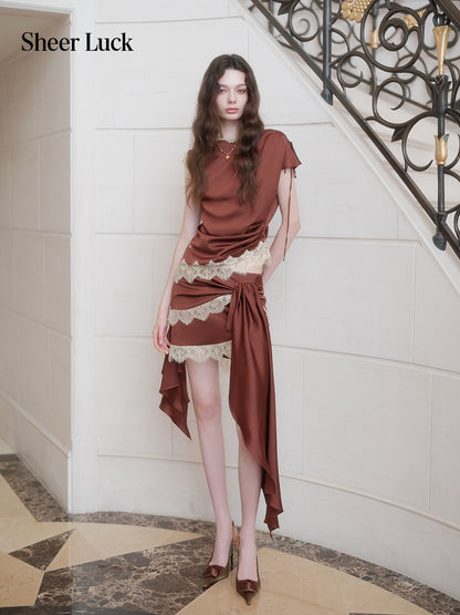SHEERLUCK SLTZ26722 Serenada Lace Satin Two Piece Set-Mocha Brown
