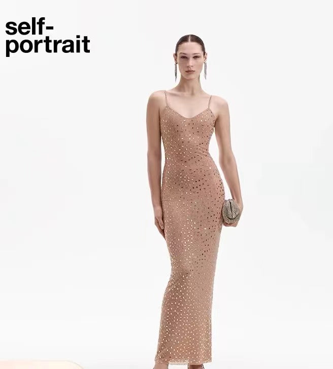 Self-Portrait NUDE SEQUIN MIDI DRESS