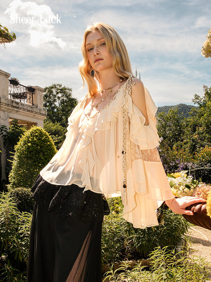 SHEERLUCK SLCY25301 Chiffon ruffled V-neck top