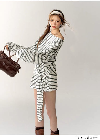 AsGony One-shoulder Stripe Dress(2color)