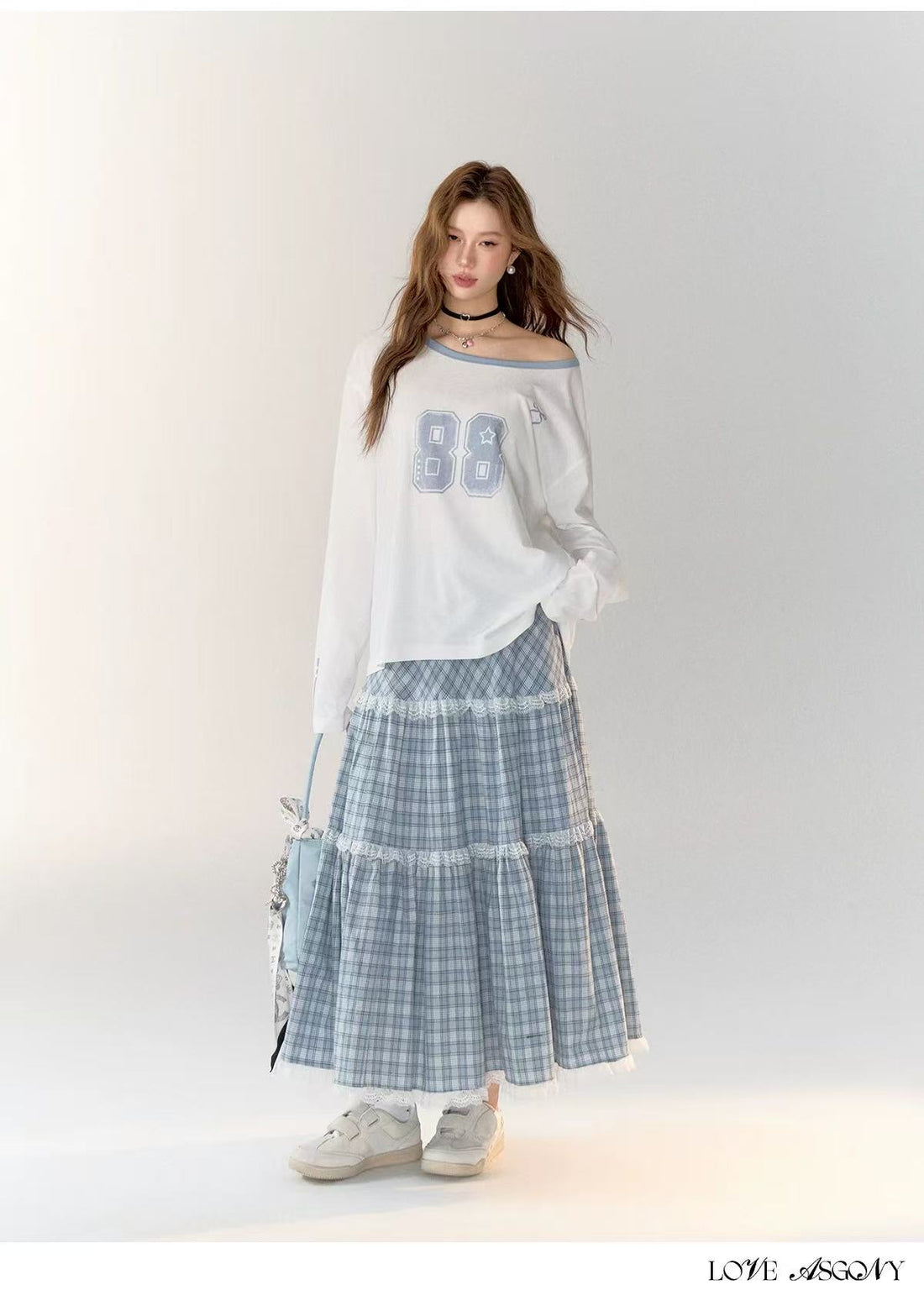 AsGony ASG24722 ASG24723 Slanted shoulder hoodie + Plaid skirt