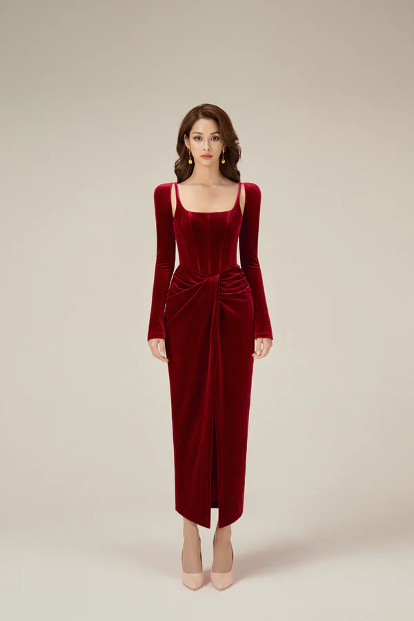 LOBBSTER BORDEAUX VELVET DRAPED DRESS