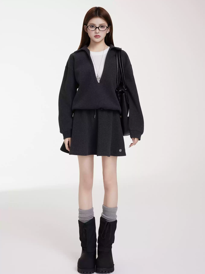 OTEBANBASS Deep Grey V-Neck Two-Piece Outfit Set