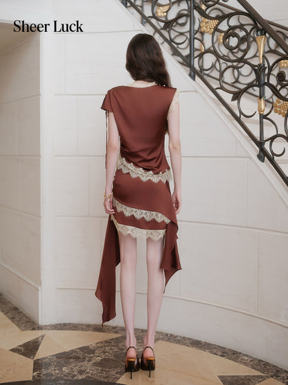 SHEERLUCK SLTZ26722 Serenada Lace Satin Two Piece Set-Mocha Brown