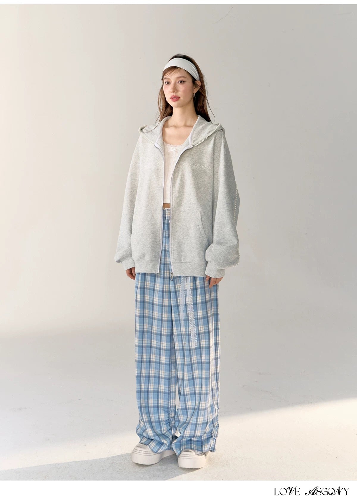 AsGony in stock Grey Oversized Pearl Hoodie 24449