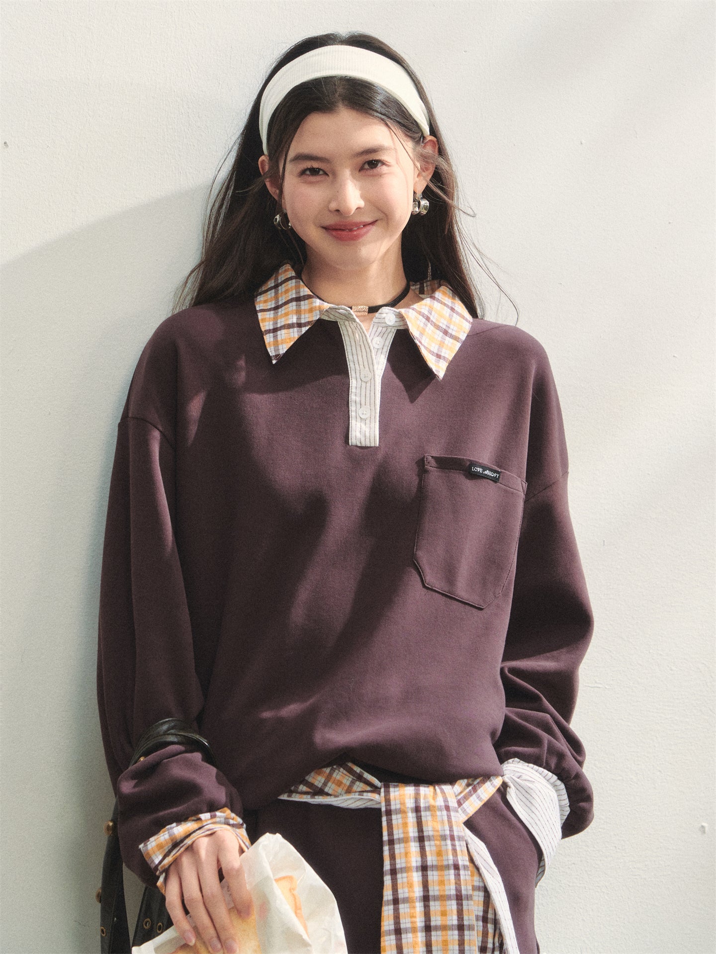 AsGony ASG25307&amp;ASG25308 Checkered shirt patchwork hoodie + skirt set